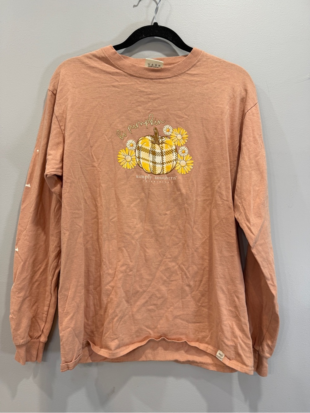 Simply Southern Peach Long Sleeve Tee with Plaid Pumpkin & Daisies